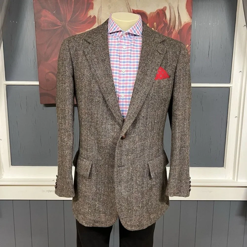 VTG Nordstrom Tweed Jacket Hand Tailored In Japan Men 43L Long Wool Herringbone‎
